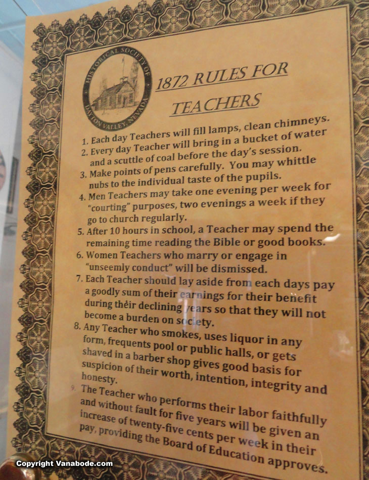 1872 rules for teachers posted in an incredible historic church in virginia city