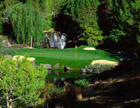 The picture of hole 17 shows why Shadow Creek Golf Club in North Las Vegas was voted the number one course in Las Vegas.